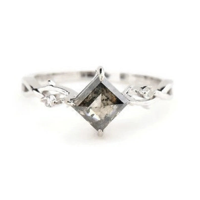 Salt and Pepper Diamond Ring ! Natural Square Cut Diamond ! Natural Brown Color Diamond Engagement Ring Set ! Gift For Her ! Ring Set